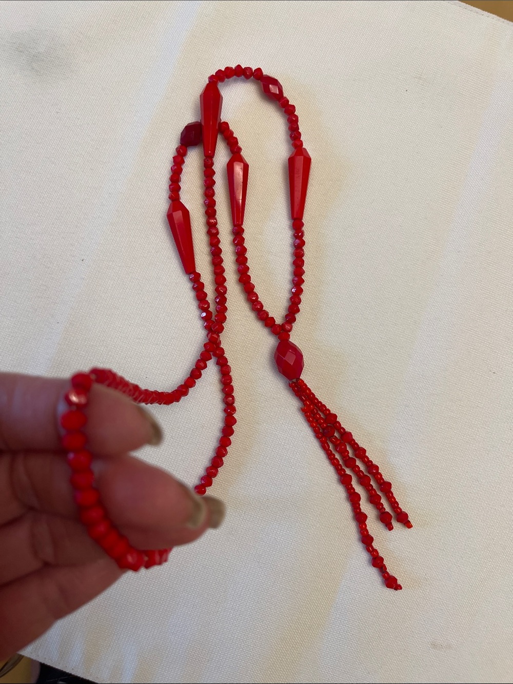 1920s! Authentic Vintage Antique Flapper Red Satiour Beaded Tassel Necklace - Picture 6 of 7